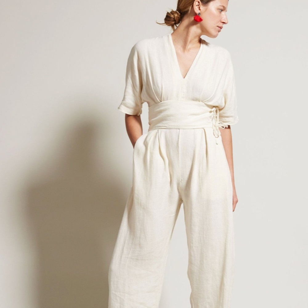 Black Crane Linen Kimono Belted Jumpsuit Size Medium